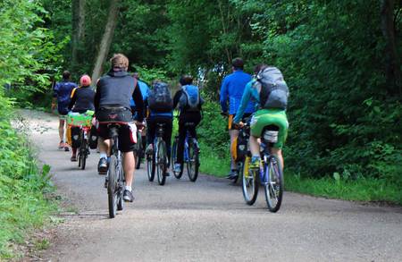 Gruppe Fahrradfahrer fährt durch den Wald